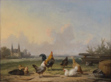Cornelius van Leemputten Huhner vor einer weiten Landschaft Peinture à l'huile